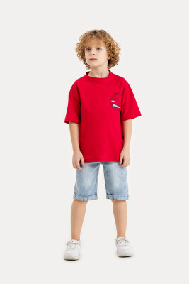 Toptan Erkek Çocuk 2'li Tişört ve Kot Şort Takımı 6-9Y Gold Class 1010-3607 Kırmızı