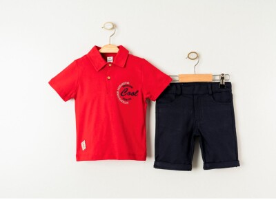 Toptan Erkek Çocuk 2'li Tişört ve Şort Takımı 1-4Y Cool Exclusive 2036-23406 Kırmızı