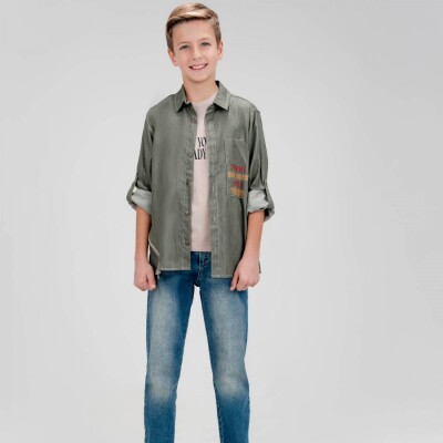 Toptan Erkek Çocuk 3' lü Gömlek Pantolon T-shirt Takım 9-12Y Cool Exclusive 2036-10102 Haki