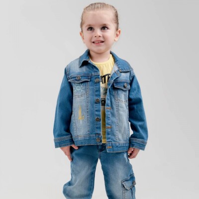 Toptan Erkek Çocuk 3' lü Kot Gömlek Pantolon T-shirt Takım 1-4Y Cool Exclusive 2036-22636 Açık Mavi