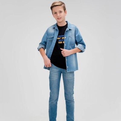Toptan Erkek Çocuk 3' lü Kot Gömlek Pantolon T-shirt Takım 9-12Y Cool Exclusive 2036-10106 Mavi