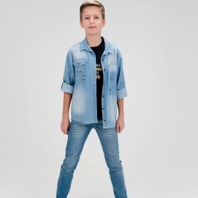 Toptan Erkek Çocuk 3' lü Kot Gömlek Pantolon T-shirt Takım 9-12Y Cool Exclusive 2036-10106 - Cool Exclusive