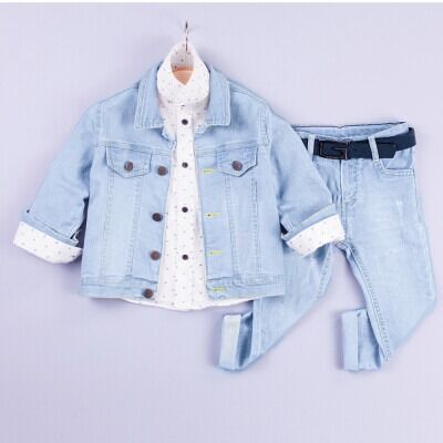 Toptan Erkek Çocuk 3'lü Ceket Kot Pantolon ve Gömlek Takım 6-9Y Gold Class 1010-3242 Buz Mavisi