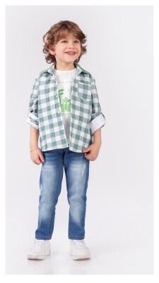 Toptan Erkek Çocuk 3'lü Gömlek Kot Pantolon ve Tişört Takım 5-8Y Lemon 1015-9889 Çağla Yeşili