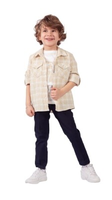 Toptan Erkek Çocuk 3'lü Gömlek Pantolon ve Tişört Takım 5-8Y Lemon 1015-9893 - 1