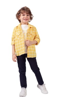 Toptan Erkek Çocuk 3'lü Gömlek Pantolon ve Tişört Takım 5-8Y Lemon 1015-9893 - 2