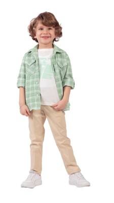 Toptan Erkek Çocuk 3'lü Gömlek Pantolon ve Tişört Takım 5-8Y Lemon 1015-9893 Yeşil
