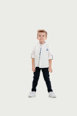Toptan Erkek Çocuk 3'lü Gömlek, T-Shirt ve Pantolon Takımı 3-7Y Lemon 1015-10024 Beyaz