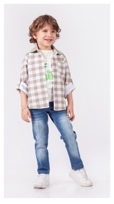 Toptan Erkek Çocuk 3'lü Gömlek Tişört ve Kot Pantolon Takım 1-4Y Lemon 1015-9888 - 1
