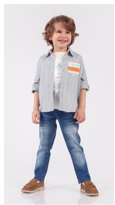 Toptan Erkek Çocuk 3'lü Gömlek Tişört ve Kot Pantolon Takım 1-4Y Lemon 1015-9900 - 1