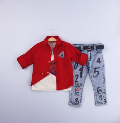 Toptan Erkek Çocuk 3'lü Gömlek, Tişört ve Kot Pantolon Takımı 2-5Y Gold Class 1010-2224 Kırmızı
