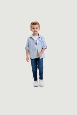 Toptan Erkek Çocuk 3'lü Gömlek, Tişört ve Kot Pantolon Takımı 3-7Y Lemon 1015-10036 Mavi