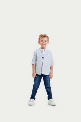 Toptan Erkek Çocuk 3'lü Gömlek, Tişört ve Kot Pantolon Takımı 8-12Y Lemon 1015-10023 Mavi