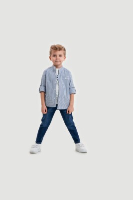 Toptan Erkek Çocuk 3'lü Gömlek, Tişört ve Kot Pantolon Takımı 8-12Y Lemon 1015-10023 - Lemon
