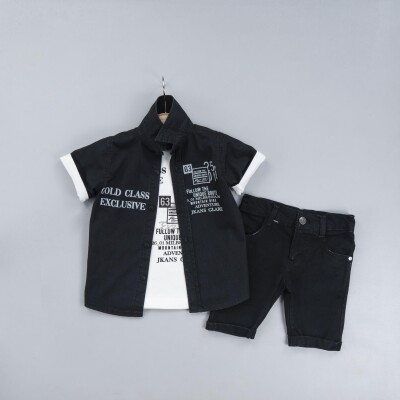 Toptan Erkek Çocuk 3'lü Gömlek Tişört ve Kot Şort Takım 2-5Y Gold Class 1010-2314 - 3