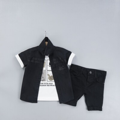 Toptan Erkek Çocuk 3'lü Gömlek Tişört ve Kot Şort Takım 6-9Y Gold Class 1010-3302 - 1