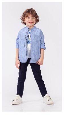 Toptan Erkek Çocuk 3'lü Gömlek Tişört ve Pantolon Takım 1-4Y Lemon 1015-9856 Mavi