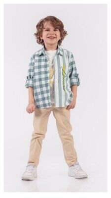 Toptan Erkek Çocuk 3'lü Gömlek Tişört ve Pantolon Takım 1-4Y Lemon 1015-9890 - Lemon