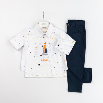 Toptan Erkek Çocuk 3'lü Gömlek Tişört ve Pantolon Takım 2-5Y Sani 1068-2312 Beyaz