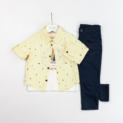 Toptan Erkek Çocuk 3'lü Gömlek Tişört ve Pantolon Takım 2-5Y Sani 1068-2312 Sarı