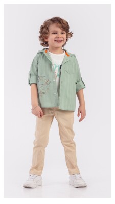 Toptan Erkek Çocuk 3'lü Gömlek Tişört ve Pantolon Takım 5-8Y Lemon 1015-9899 Yeşil