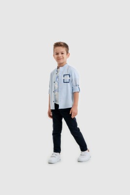 Toptan Erkek Çocuk 3'lü Gömlek, Tişört ve Pantolon Takımı 3-7Y Lemon 1015-10030 Mavi
