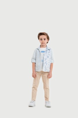 Toptan Erkek Çocuk 3'lü Gömlek, Tişört ve Pantolon Takımı 3-7Y Lemon 1015-10040 Mavi