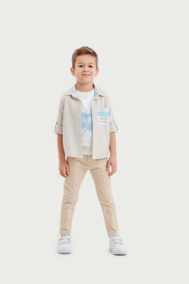 Toptan Erkek Çocuk 3'lü Gömlek, Tişört ve Pantolon Takımı 3-7Y Lemon 1015-10050 - 3
