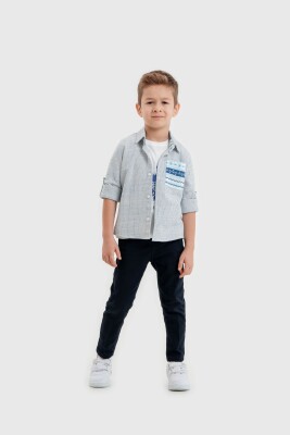 Toptan Erkek Çocuk 3'lü Gömlek, Tişört ve Pantolon Takımı 8-12Y Lemon 1015-10051 Mavi