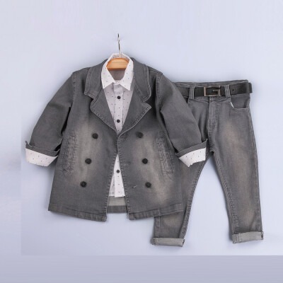 Toptan Erkek Çocuk 3'lü Kot Ceket Gömlek ve Pantolon Takım 2-5Y Gold Class 1010-2239 - 3