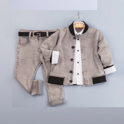 Toptan Erkek Çocuk 3'lü Kot Ceket Pantolon ve Gömlek Takım 6-9Y Gold Class 1010-3220 - 2