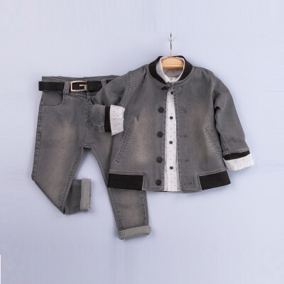 Toptan Erkek Çocuk 3'lü Kot Ceket Pantolon ve Gömlek Takım 6-9Y Gold Class 1010-3220 - 3