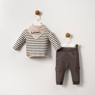 Toptan Erkek Çocuk 3'lü Pantolon Flar Önlük ve Body Takım 9-24M Cumino 1014-CMN3577 - Cumino