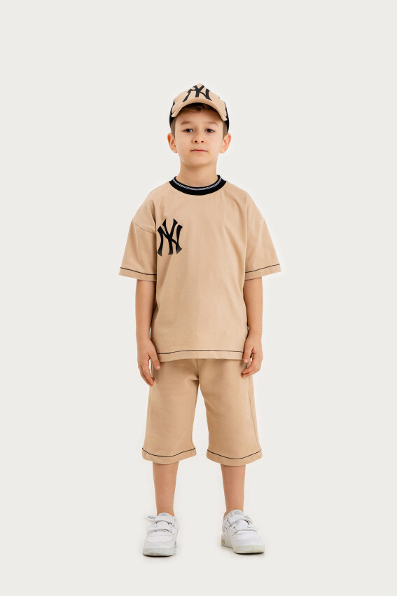 Toptan Erkek Çocuk 3'lü Tişört, Şapka ve Şort Takımıı 10-13Y Gold Class 1010-4602 - 2