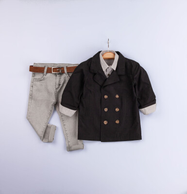 Toptan Erkek Çocuk 3'lü Trençkot, Gömlek ve Kot Pantolon Takımı 6-9Y Gold Class 1010-3202 Siyah