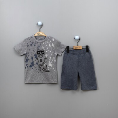 Toptan Erkek Çocuk Aslan Baskılı T-shirt ve Şort Takım Takım 2-5Y Kumru Bebe 1075-3879 Gri