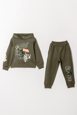 Toptan Erkek Çocuk Baskılı Kapüşonlu Sweatshirt ve Pantolon 6-9Y Tuffy 1099-0902 Haki