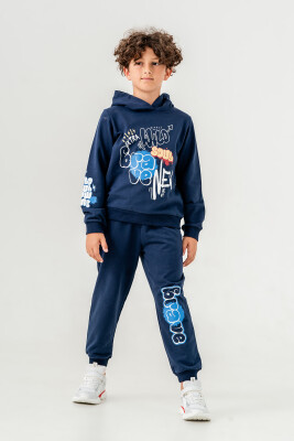 Toptan Erkek Çocuk Baskılı Kapüşonlu Sweatshirt ve Pantolon 6-9Y Tuffy 1099-0902 - Tuffy