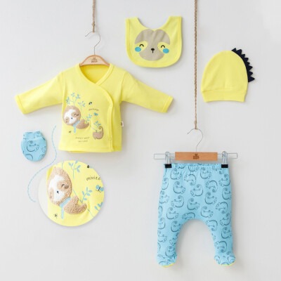 Toptan Erkek Çocuk Yenidoğan 5'li Body Pantolon Önlük Şapka 0-3M Minizeyn 2014-7023 - Minizeyn