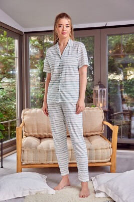 Toptan Kadın Düğmeli Kısa Kollu Pijama Takımı S-M-L-XL Zeyland 1070-ZY23-24133 - 2