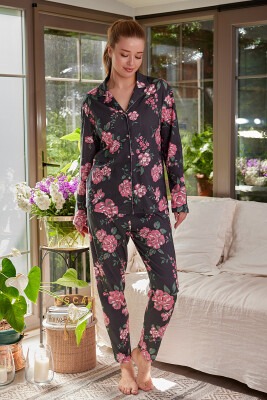 Toptan Kadın Gömlek Yaka Düğmeli Pijama Takımı S-M-L-XL Zeyland 1070-ZK24-124160 - Zeyland