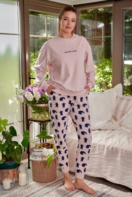 Toptan Kadın Yazı Nakışlı Pijama Takımı S-M-L-XL Zeyland 1070-ZK24-116140 - Zeyland