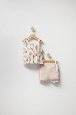 Toptan Kız Bebek 2'li Askılı Elbise ve Şort Takımı 3-18M Tongs 1028-5166 Pudra