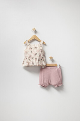 Toptan Kız Bebek 2'li Askılı Elbise ve Şort Takımı 3-18M Tongs 1028-5166 Gül Kurusu