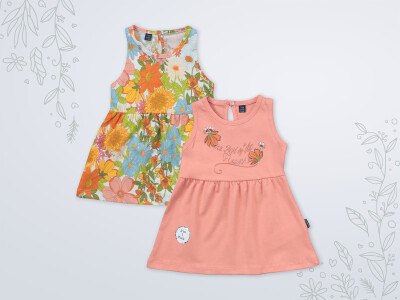 Toptan Kız Bebek 2'li Elbise 3-18M Miniworld 1003-18200 Peach