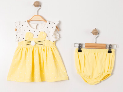 Toptan Kız Bebek 2'li Elbise ve Külot Takımı 9-24M Tofigo 2013-9146 Sarı