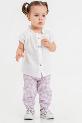 Toptan Kız Bebek 2'li Gömlek ve Pantolon Takımı 6-18M Tuffy 1099-1206 Beyaz
