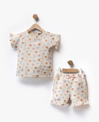 Toptan Kız Bebek 2'li Muslin Baskılı Tişört ve Şort Takım 2-5Y Flexi Baby 2063-217601 Mavi