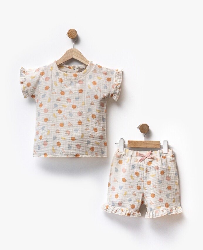 Toptan Kız Bebek 2'li Muslin Baskılı Tişört ve Şort Takım 2-5Y Flexi Baby 2063-217601 - 1