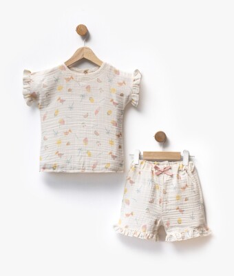 Toptan Kız Bebek 2'li Muslin Baskılı Tişört ve Şort Takım 2-5Y Flexi Baby 2063-217601 Yavruağzı